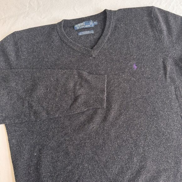 Vintage Polo Ralph Lauren Sweater Mens XL Charcoal 100% Lambswool V-Neck Pony - Picture 2 of 6